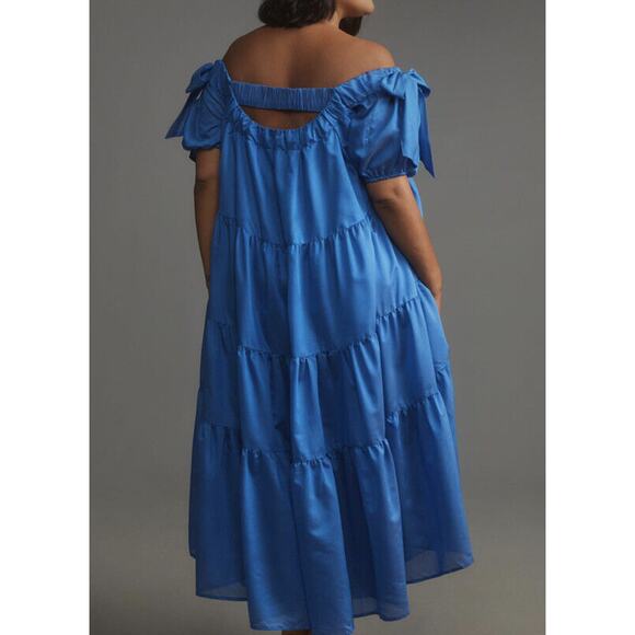 Anthropologie Off-The-Shoulder Tiered High-Low Midi Dress Size Medium - Picture 2 of 11